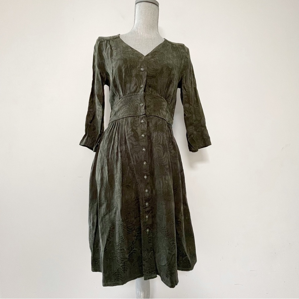 Louizon brocade dress olive dark green v neck button front vintage corset style